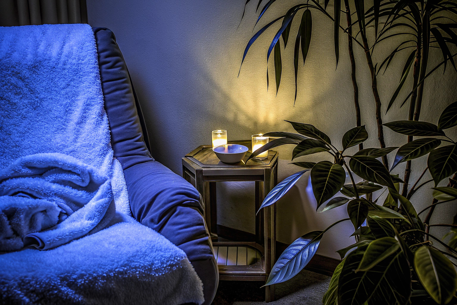 Ein gemütliches Wohnzimmer mit einer Wellness-Ecke voller Pflanzen und Kerzen. Wohnzimmer Wellness-Ecke