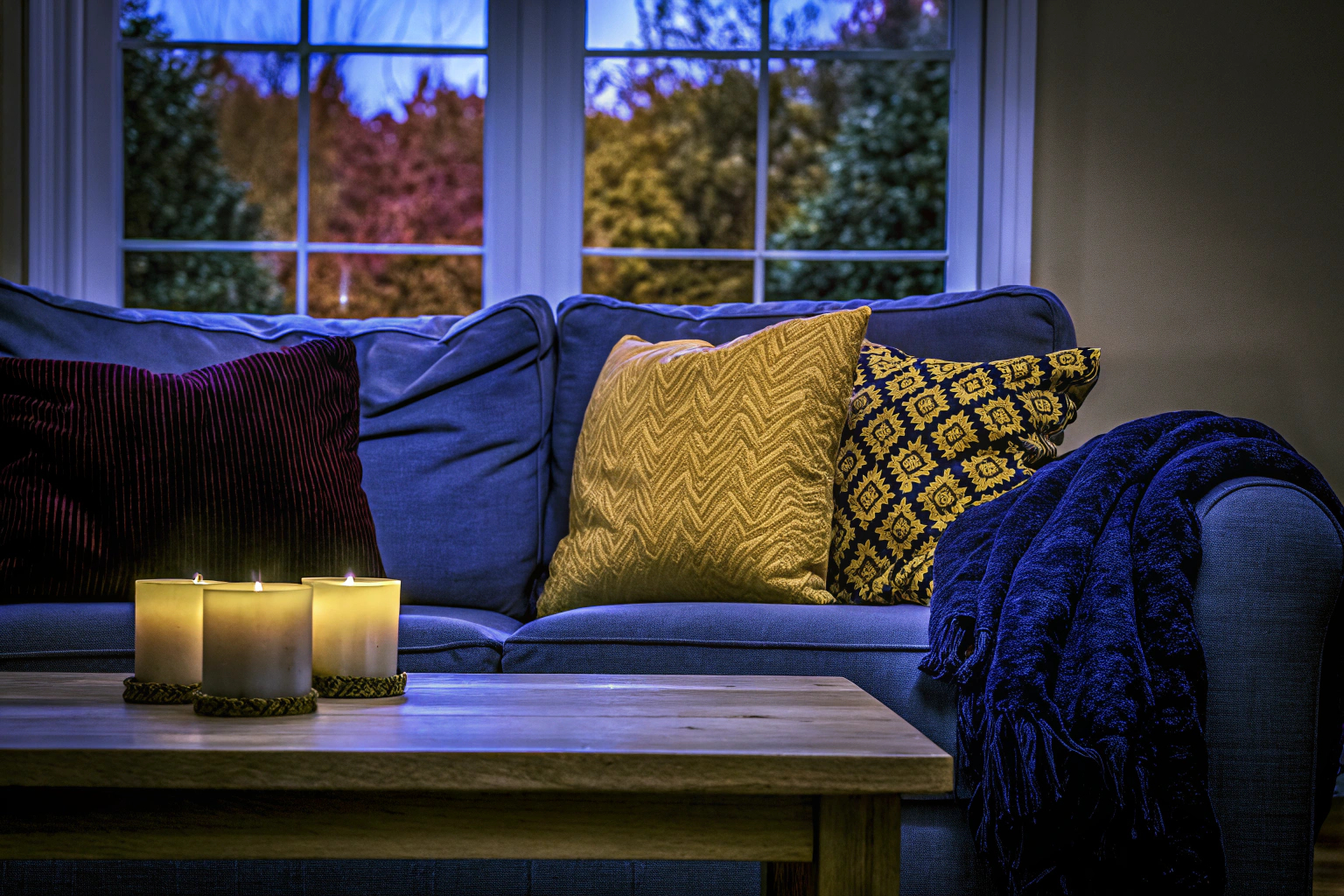 Ein gemütliches Wohnzimmer mit herbstlichen Kissen und Decken auf einem Sofa, stimmungsvolle Beleuchtung, die den Raum erwärmt. Gemütliches Wohnzimmer mit herbstlichen Dekorationen