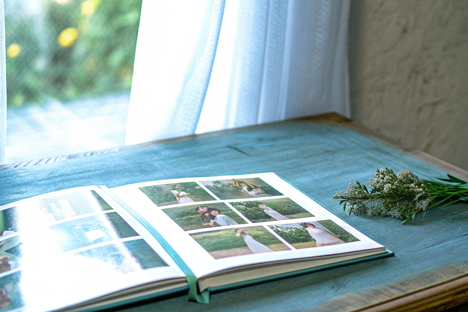 Ein geöffnetes Hochzeitsalbum mit Fotos und handgeschriebenen Notizen, ideal für kreative Erinnerungen. Kreatives Hochzeitsalbum