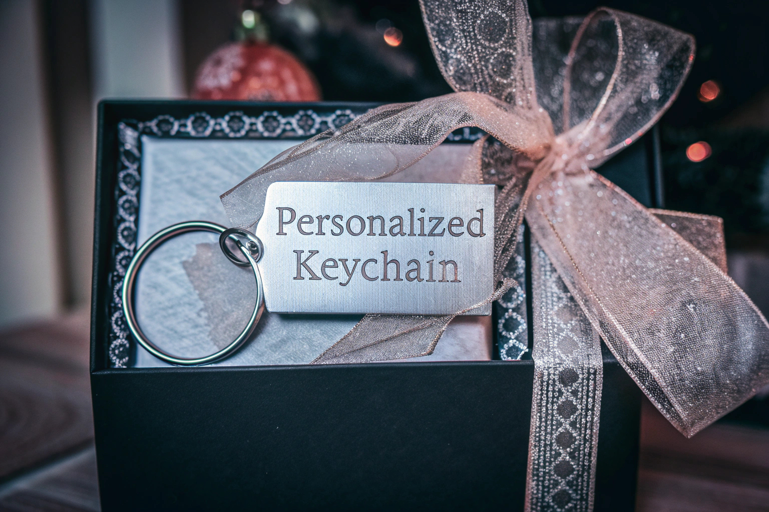 Ein Geschenkpaket, das einen personalisierten Schlüsselanhänger und eine handgeschriebene Karte enthält. Personalisierte Geschenkverpackung