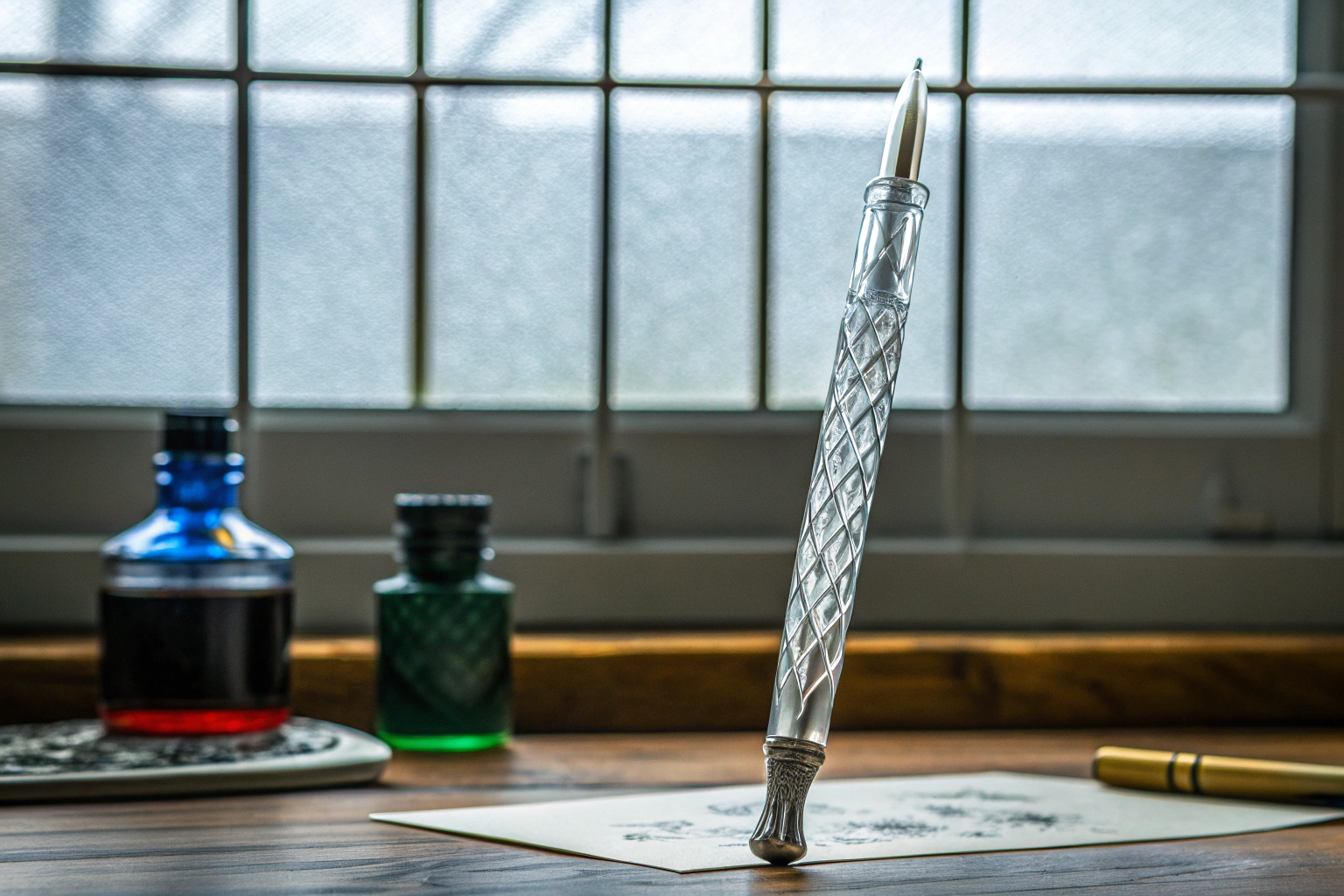 Ein Glasfederhalter mit bunter Tinte auf einem Schreibtisch. Glasfederhalter mit bunter Tinte