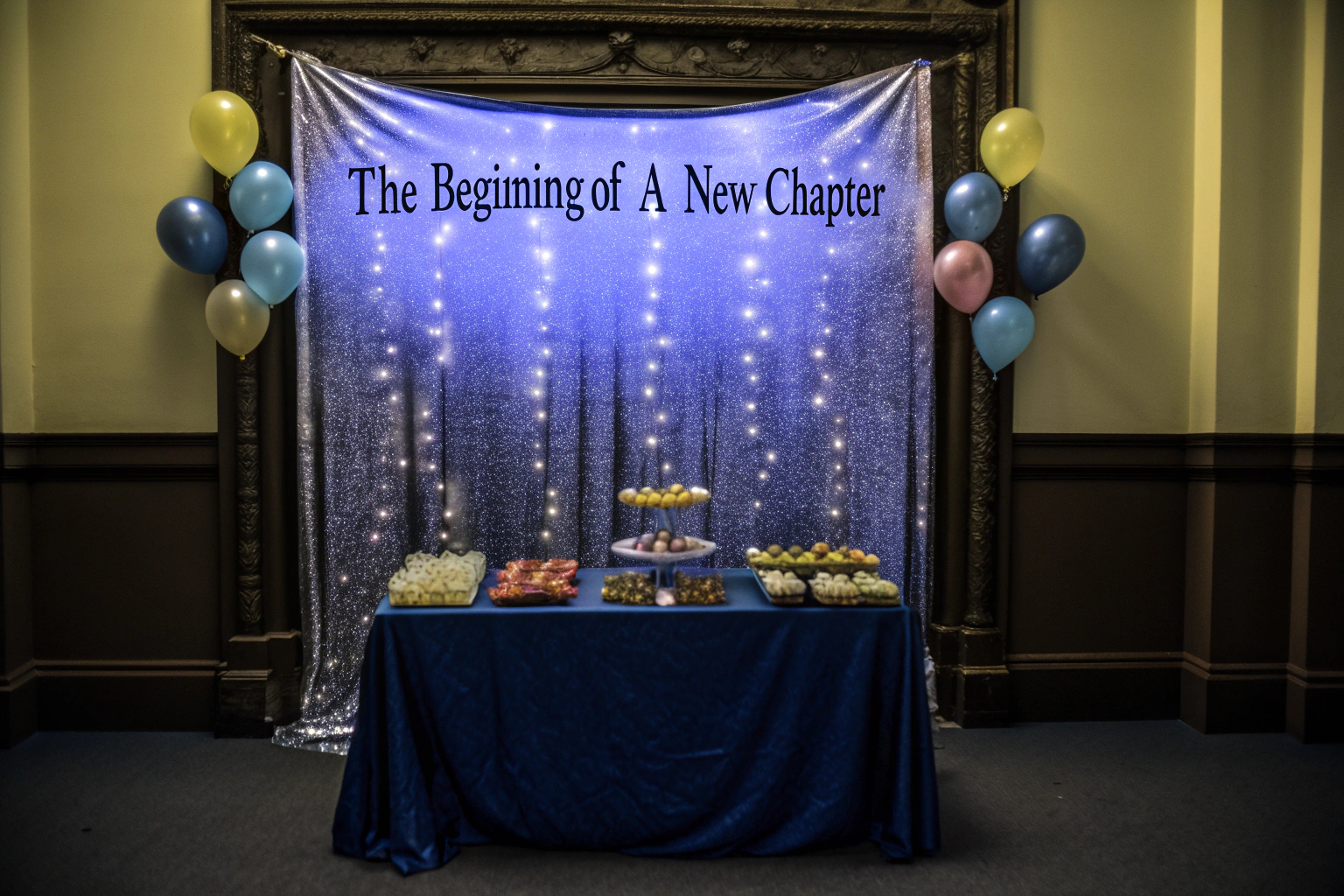 Ein glitzerndes Banner mit der Aufschrift 'The Beginning of A New Chapter'. Glitzerndes Abschiedsbanner
