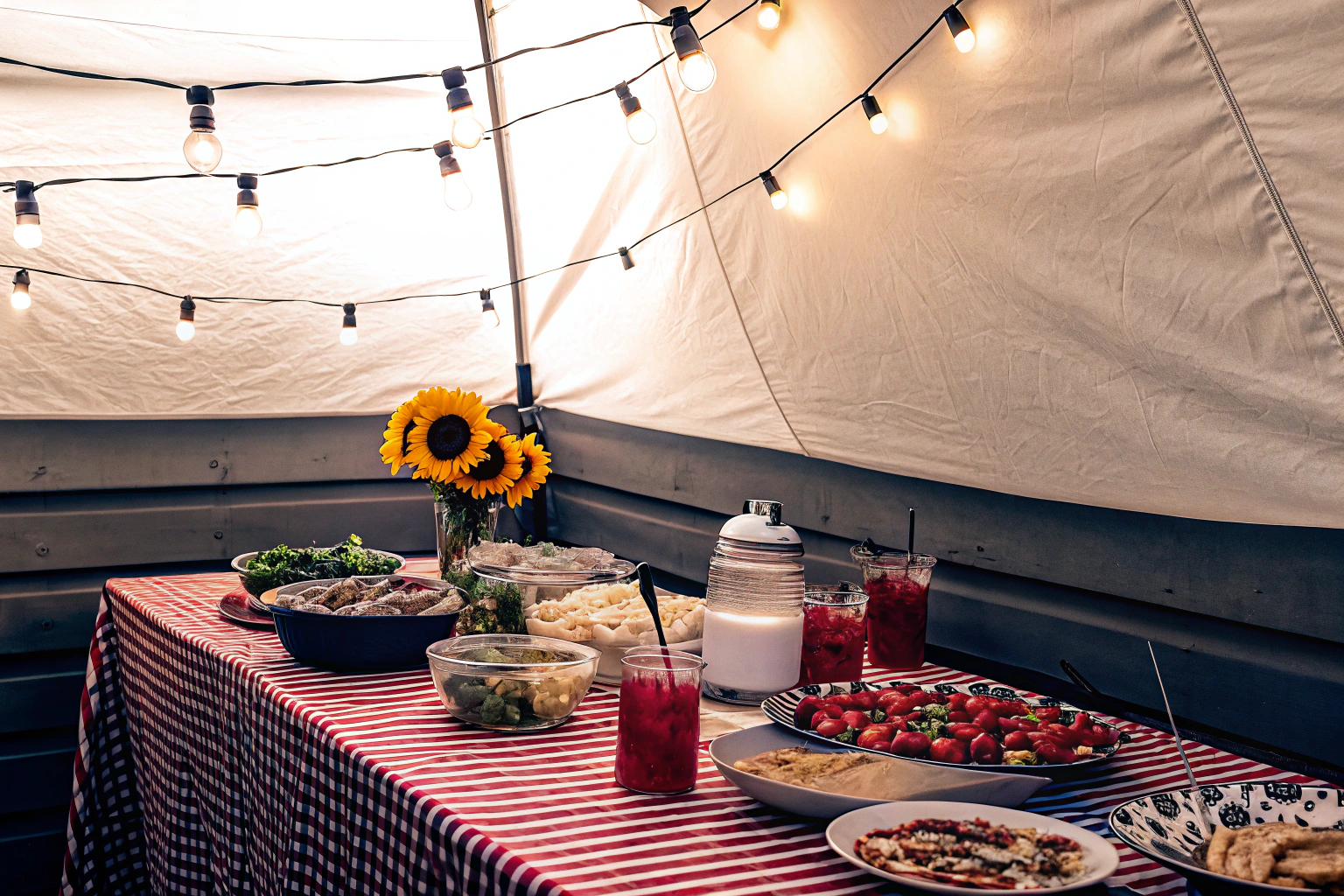 Ein gut organisierter Tisch mit verschiedenen Speisen und Getränken für ein Sommerfest. Sommerfest Tischdekoration
