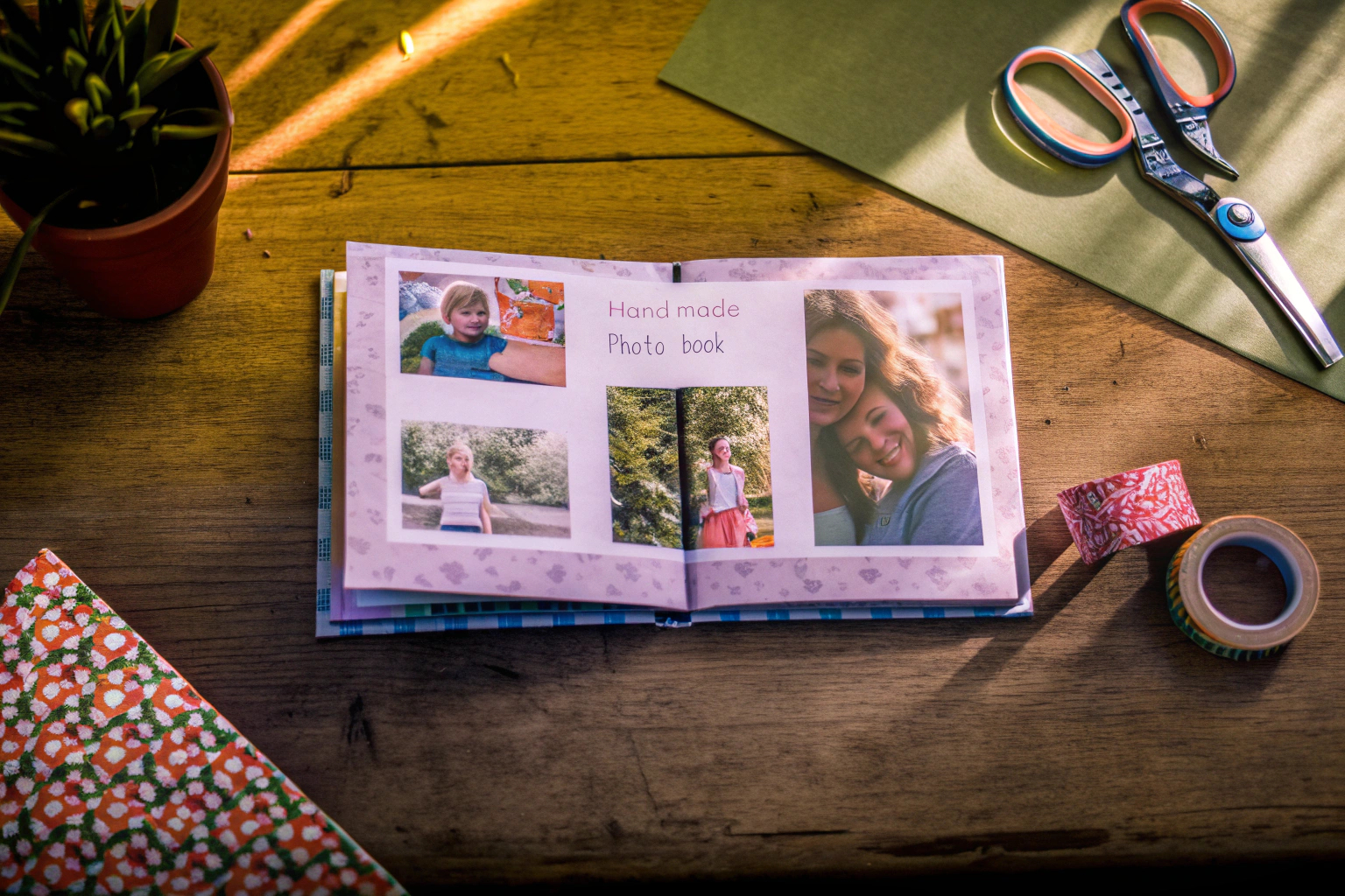 Ein handgemachtes Fotobuch mit verschiedenen personalisierten Seiten, gefüllt mit Fotos und Erinnerungen. Personalisierte Fotobuch Kreation
