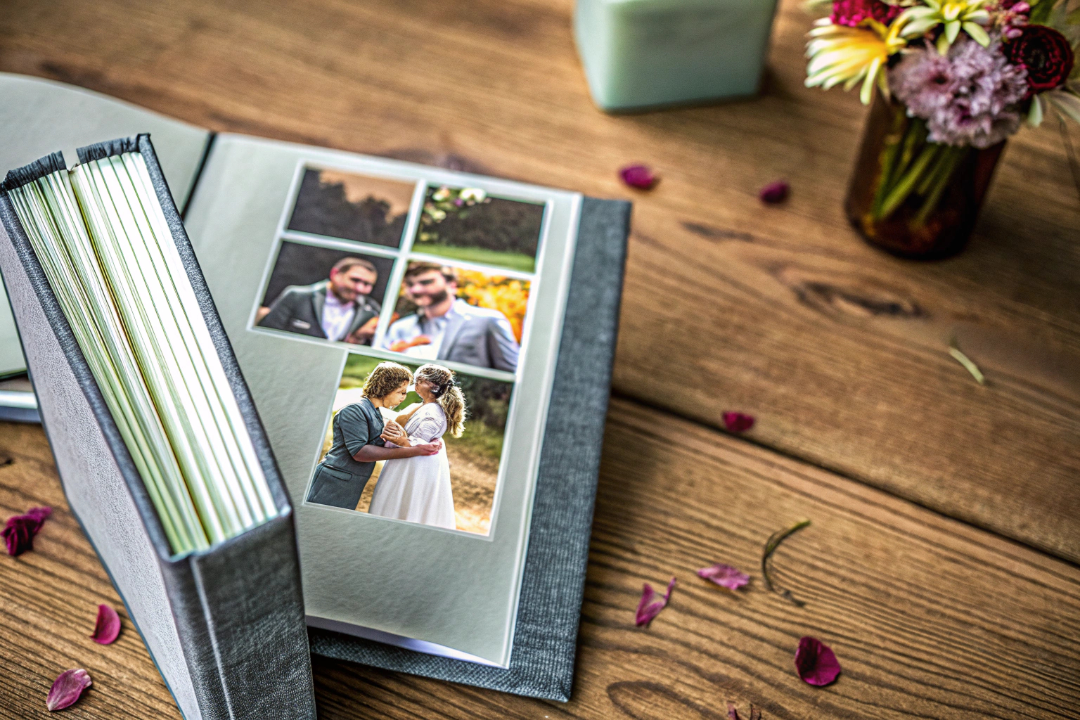 Ein hochwertiges Hochzeitsalbum mit Leinen-Einband und dekorativen Details, ideal für die Aufbewahrung zahlreicher Fotos. Hochwertiges Hochzeitsalbum