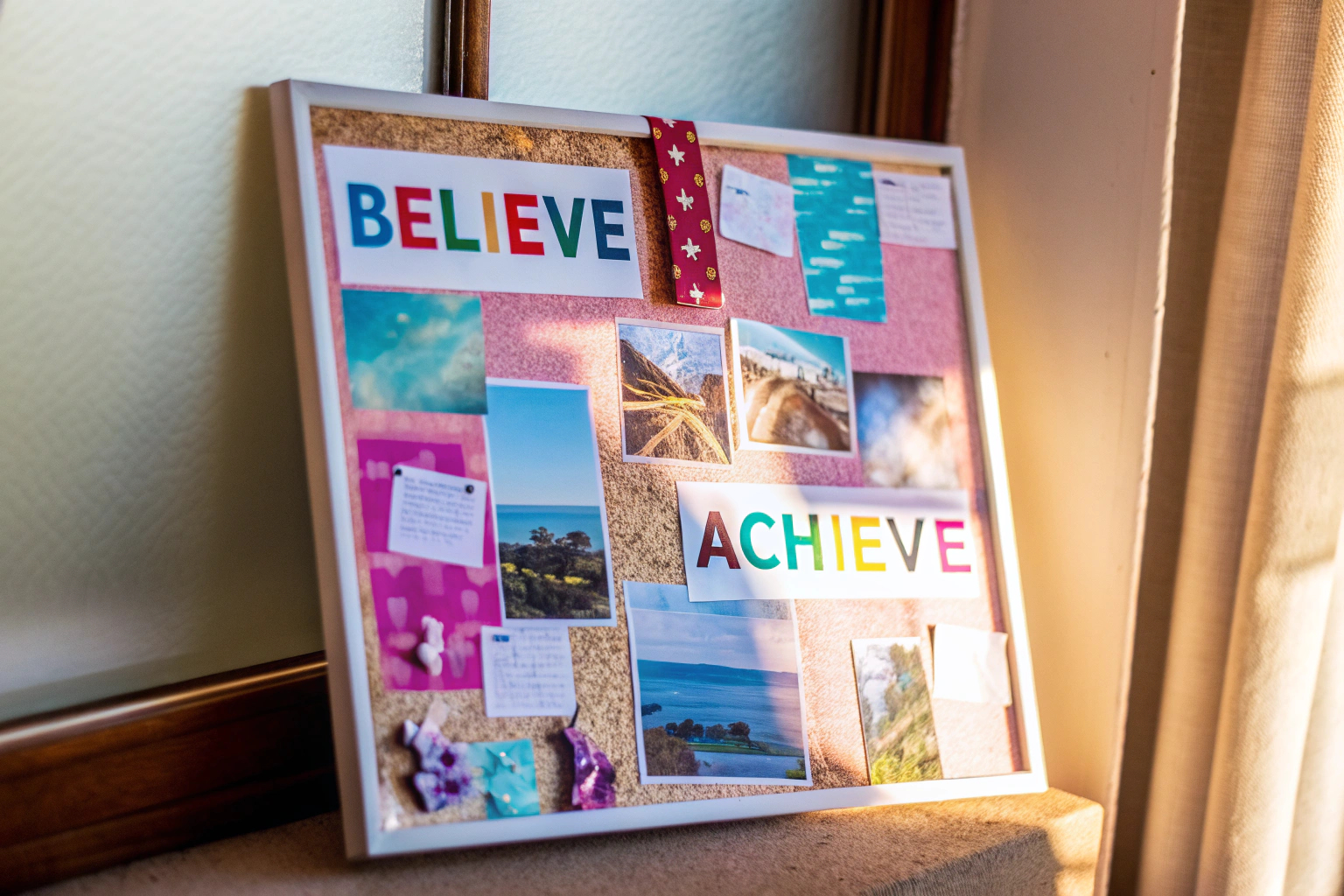 Ein individuell gestaltetes Vision Board mit Bildern, Zitaten und persönlichen Elementen. Individuell gestaltetes Vision Board