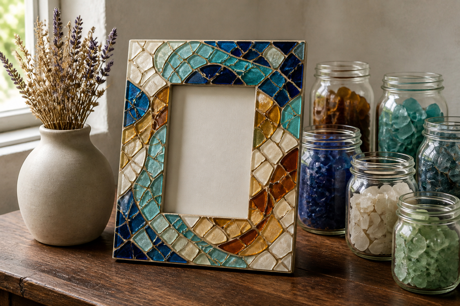 Nachhaltige Mosaikdekoration mit Bilderrahmen, Vase und Glassteinresten