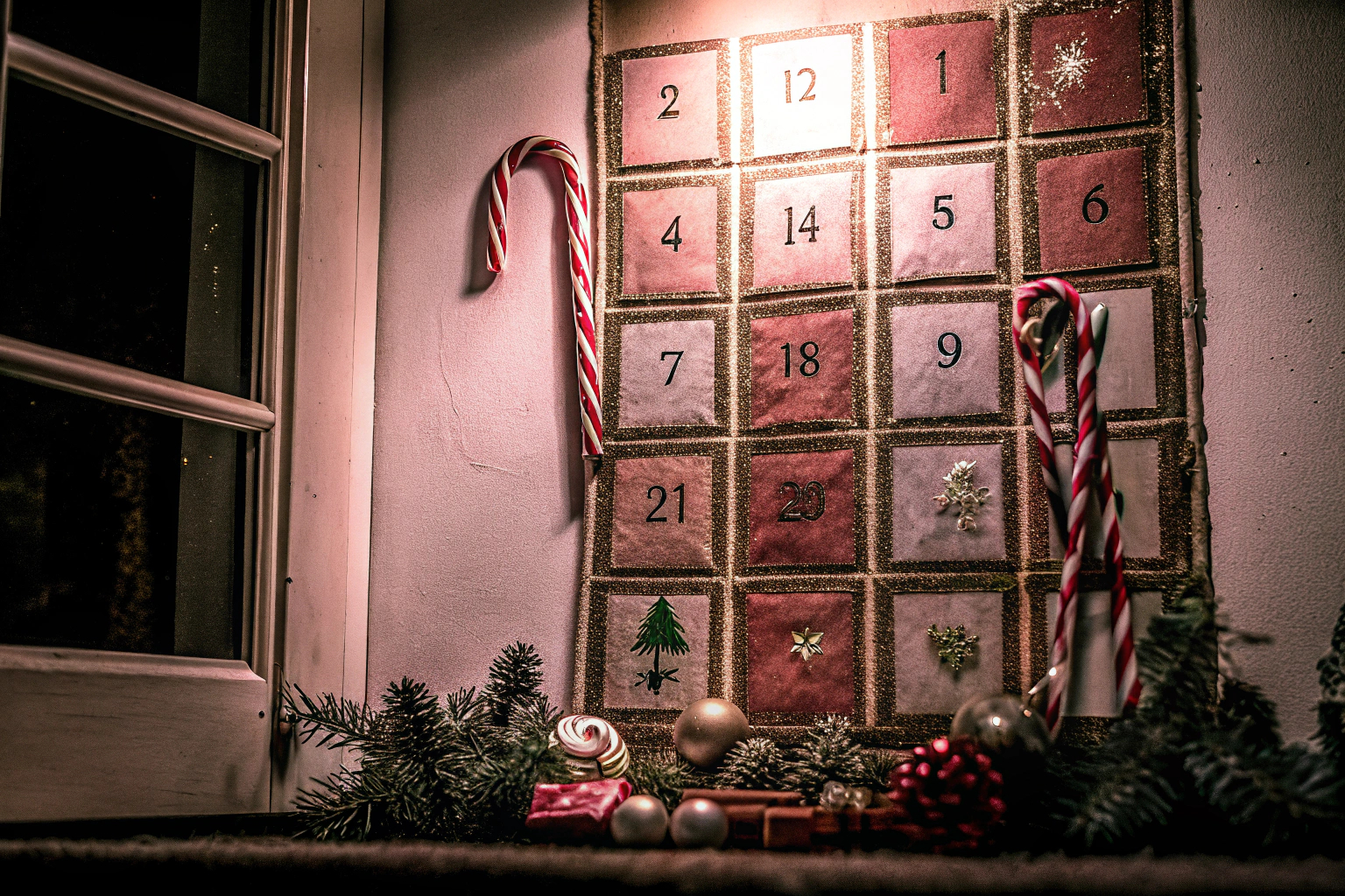 Ein Kind öffnet gespannt ein Türchen eines selbstgemachten Adventskalenders. Kind öffnet Türchen eines Adventskalenders
