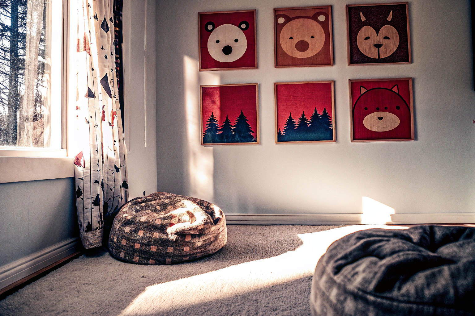 Ein Kinderzimmer mit bunten Leinwandbildern an der Wand, die eine fröhliche Atmosphäre schaffen. Fröhliche Leinwandbilder im Kinderzimmer
