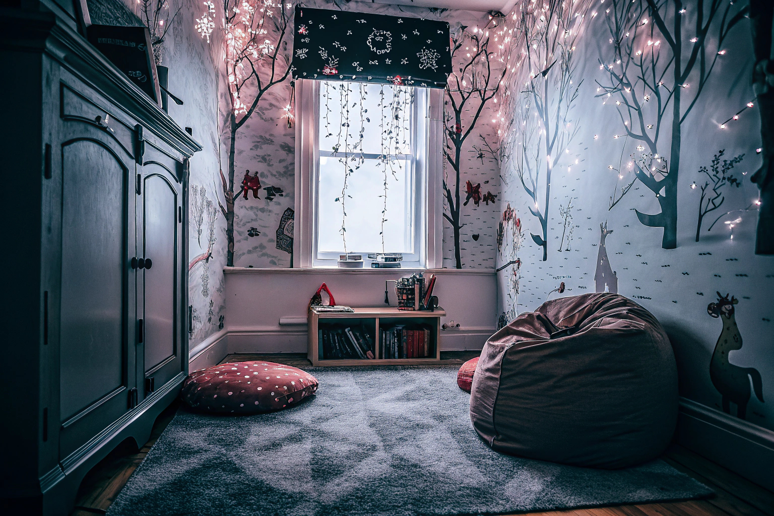 Ein Kinderzimmer mit liebevoll gestalteten Wanddekorationen und Lichterketten. Kreative Wanddekoration im Kinderzimmer