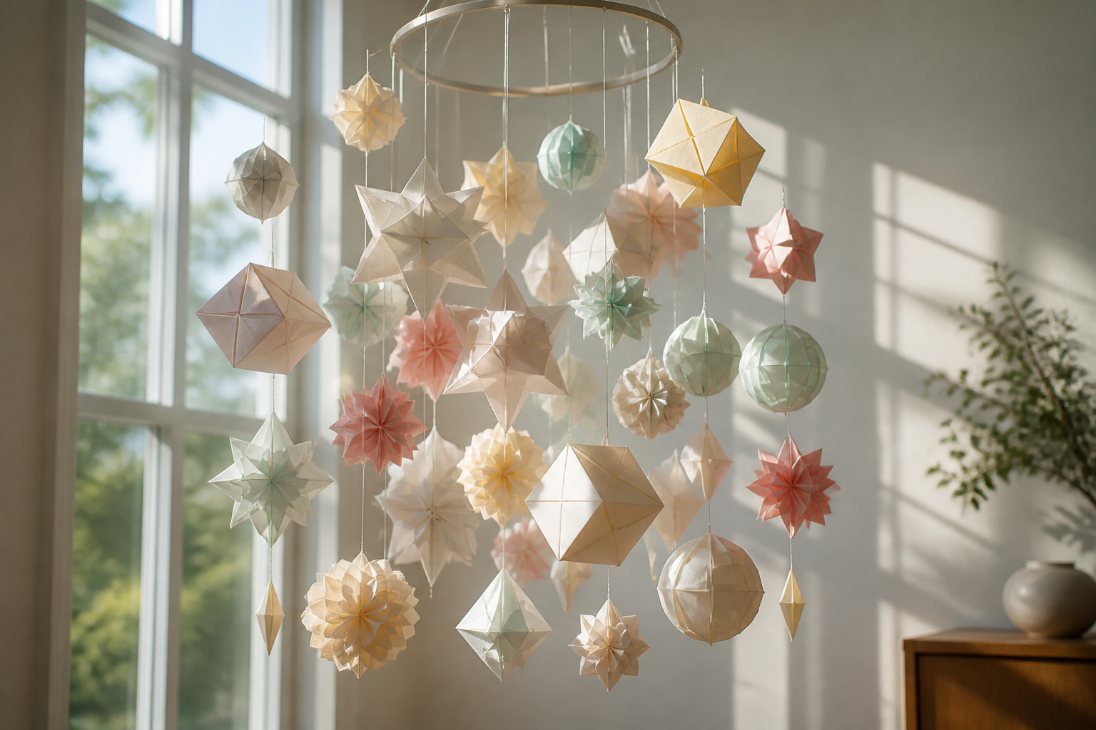 Modulares Origami-Mobile mit bunten 3D-Papierobjekten