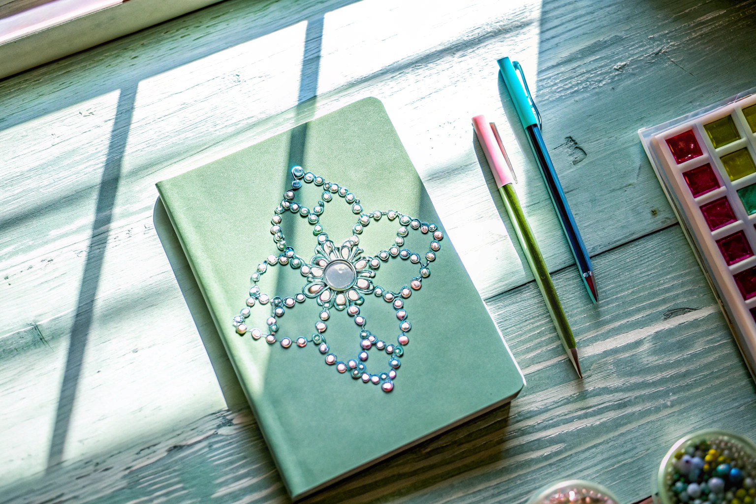 Ein Mädchen, das stolz ihr selbst gestaltetes Diamond Painting Notizbuch präsentiert. Mädchen mit Notizbuch