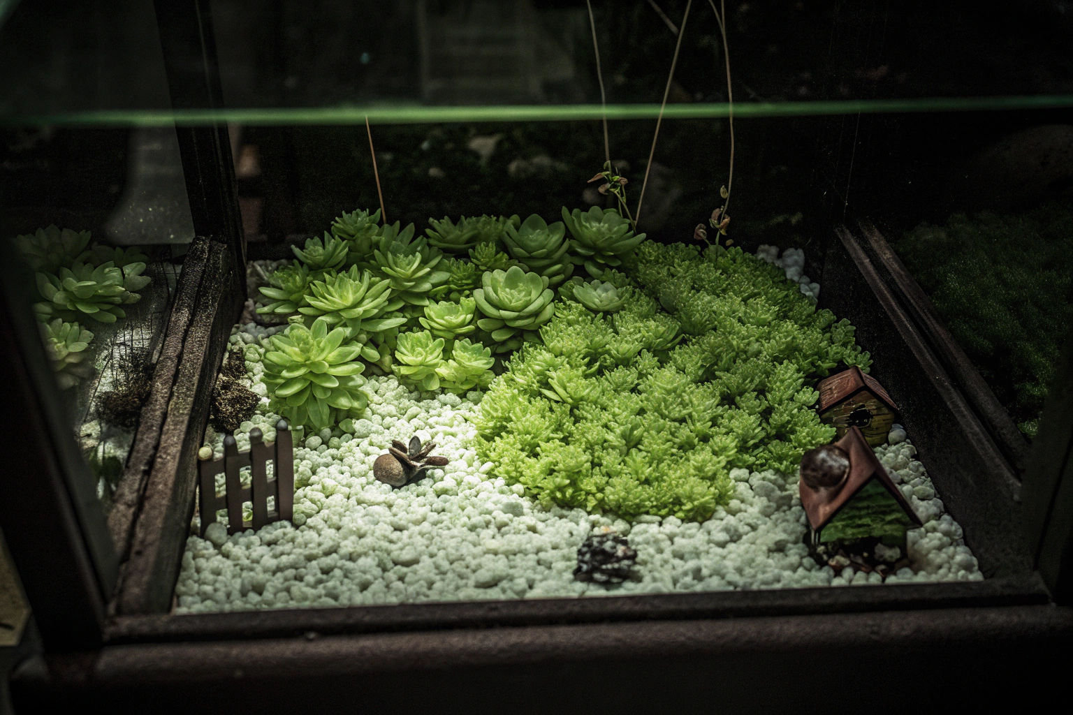Ein Mini-Garten im Glas mit Sukkulenten und Dekoelementen. Mini-Garten im Glas