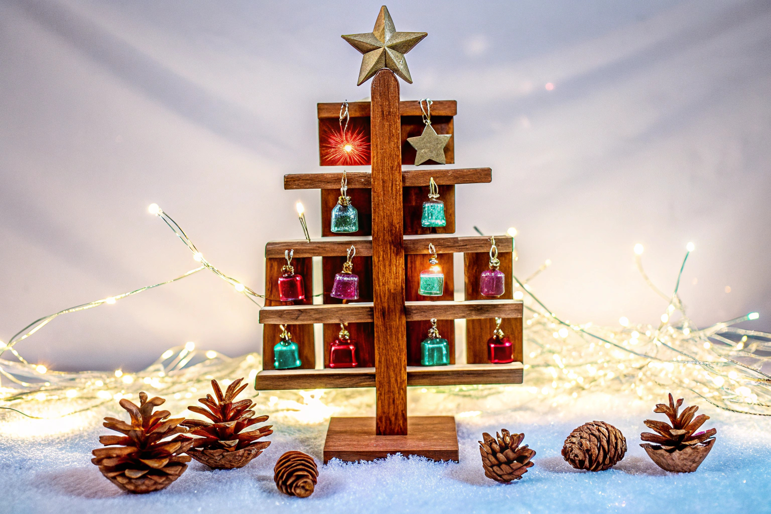Ein Mini-Weihnachtsbaum aus Holz mit kleinen Ornamenten als Adventskalender. Dhnvcud Adventskalender Mini-Weihnachtsbaum