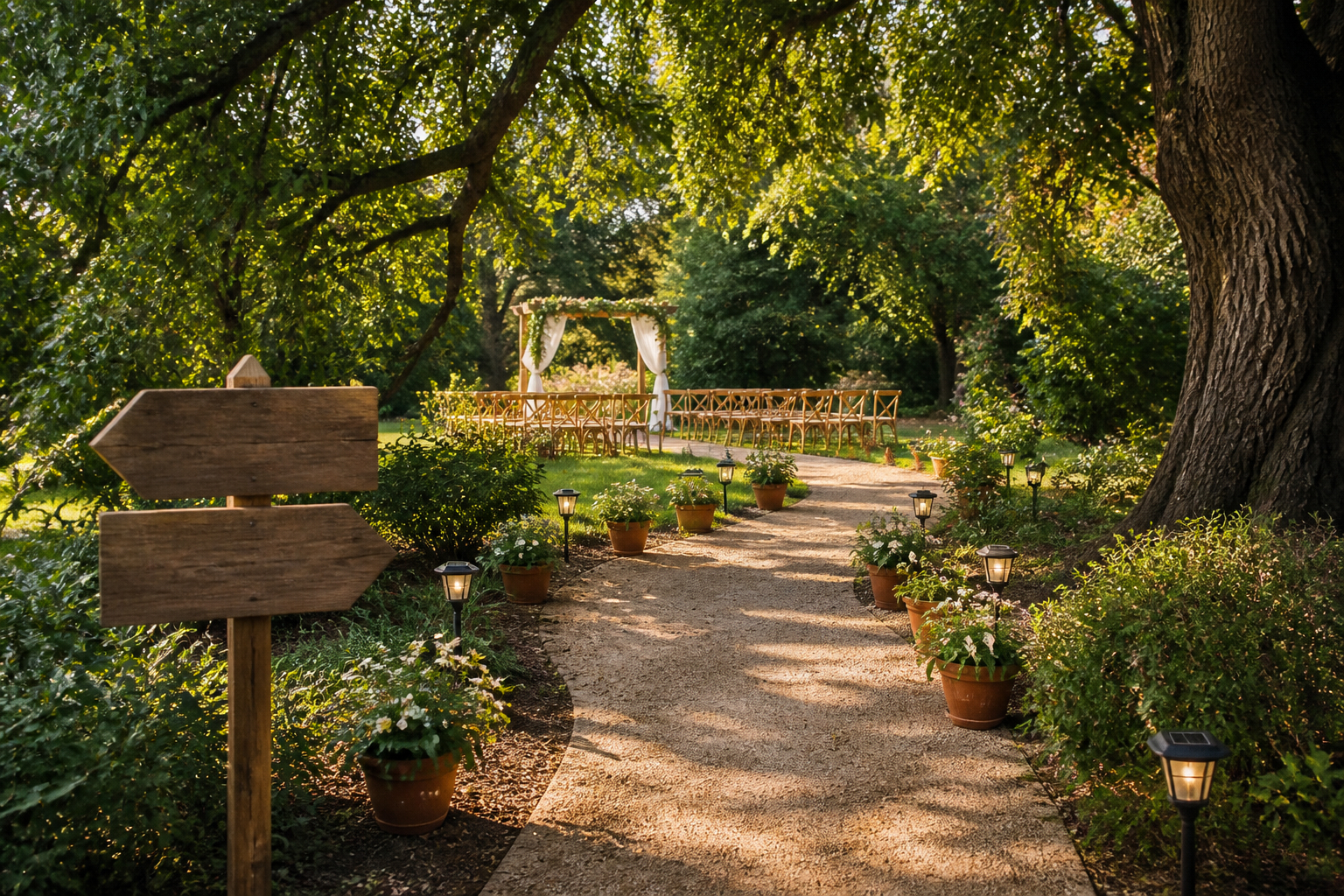 Beleuchteter Gartenweg bei einer natürlichen Hochzeit