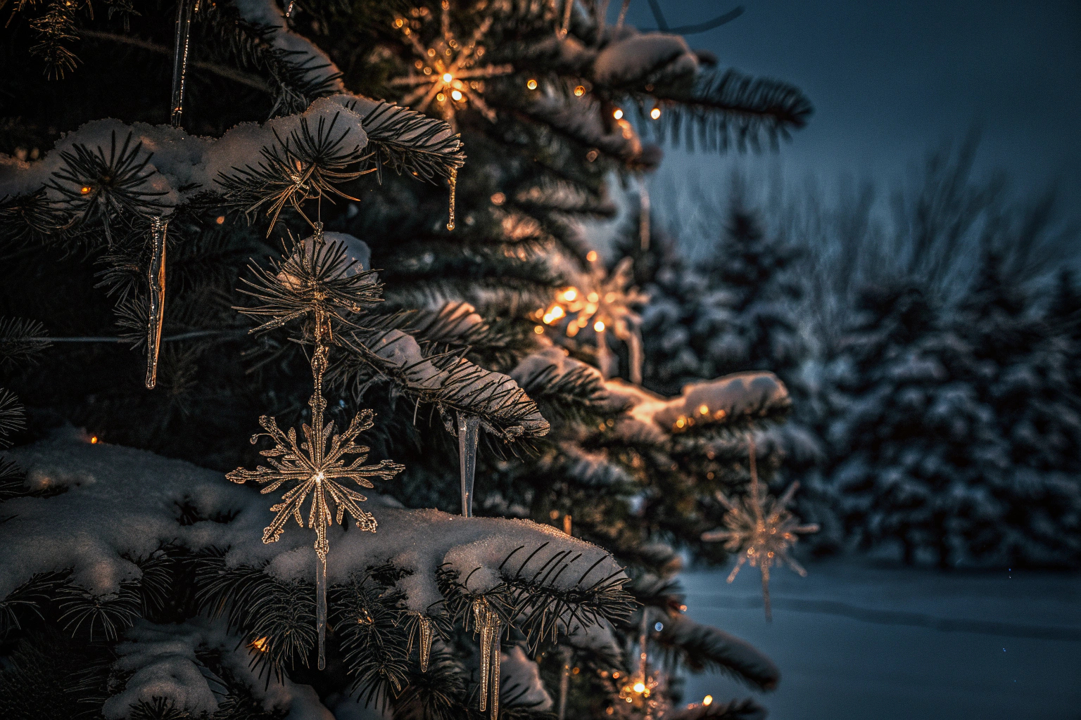 Ein mit Schneeflocken und Eiszapfen aus Acryl geschmückter Weihnachtsbaum, umgeben von einer winterlichen Landschaft. Winterlich dekorierter Weihnachtsbaum