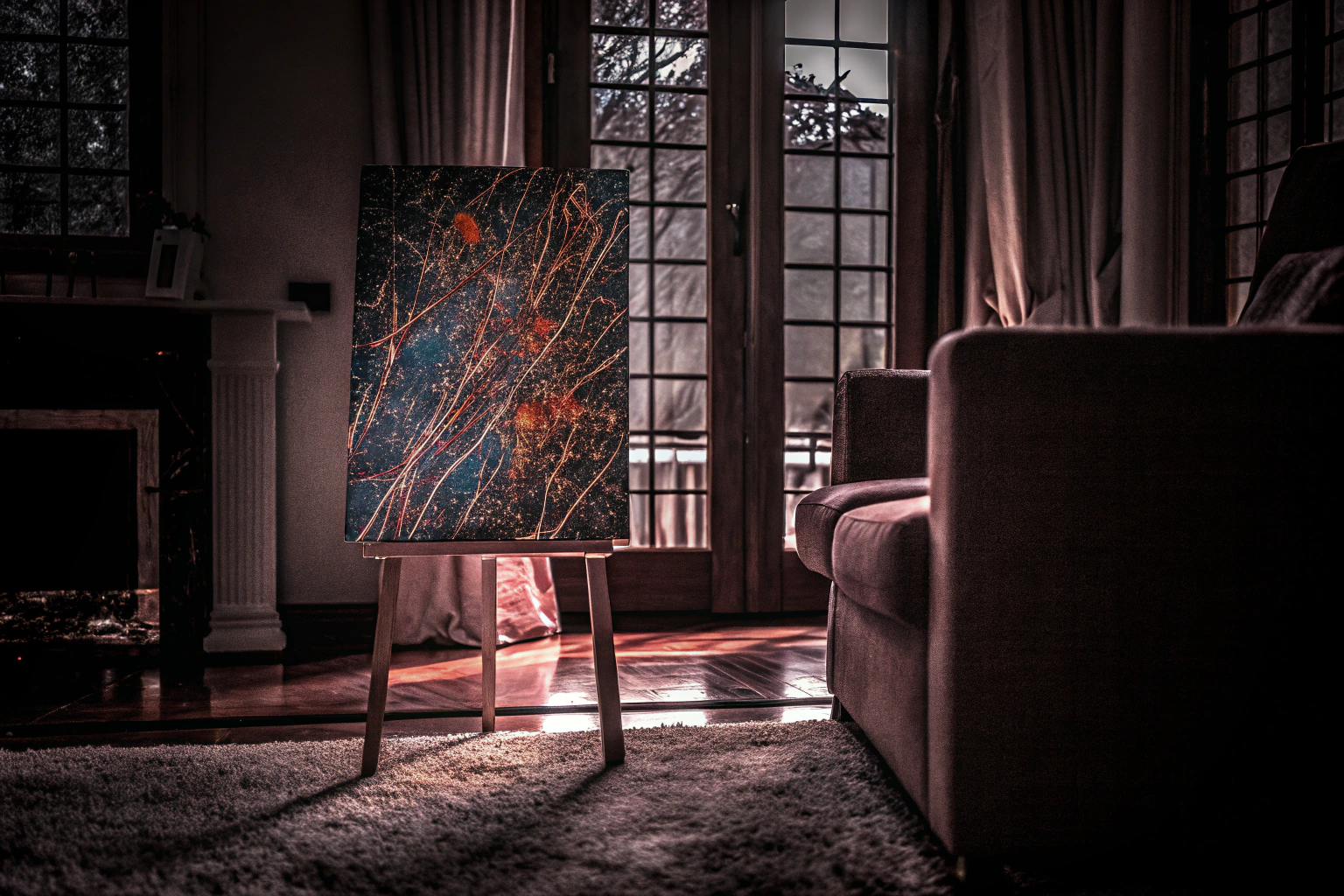 Ein modernes Wohnzimmer mit einem großen abstrakten Leinwandbild als zentralem Dekoelement. Modernes Wohnzimmer mit abstrakter Kunst