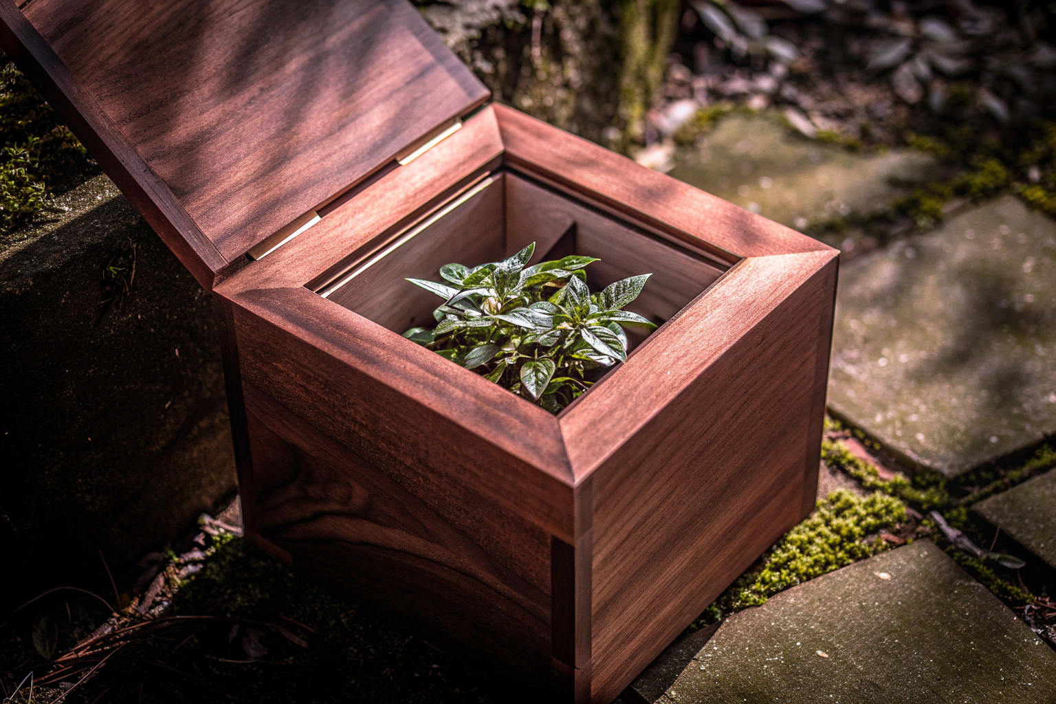 Ein offener Holzwürfel, aus dem eine Pflanze wächst, gezeigt als perfektes Beispiel für umweltfreundliches Urban Gardening. Pflanzbarer Ecocube mit wachsender Pflanze