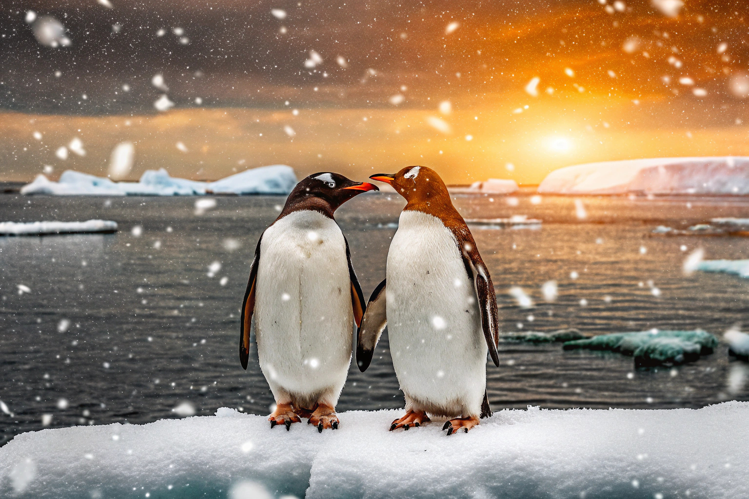 Ein Pinguin-Paar auf einem Eisberg, das symbolisch für ewige Liebe und Treue steht. Pinguin-Paar