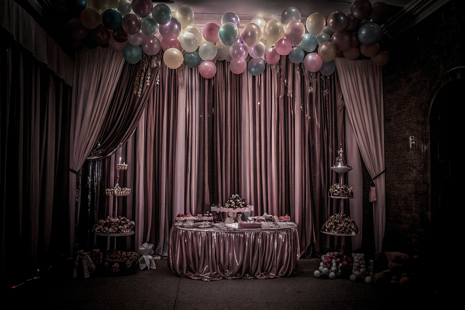 Ein Raum voller bunter Luftballons, die eine fröhliche und einladende Atmosphäre schaffen. Bunte Luftballons für Babyparty