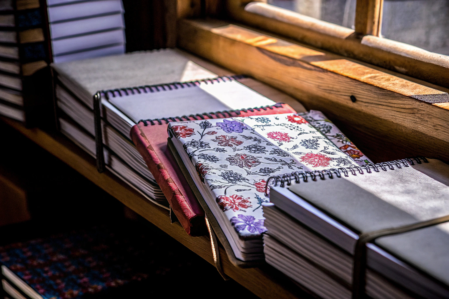Ein Regal mit verschiedenen individuell gestalteten Notizbüchern, die ordentlich aufgereiht sind. Individuell gestaltete Notizbücher im Regal