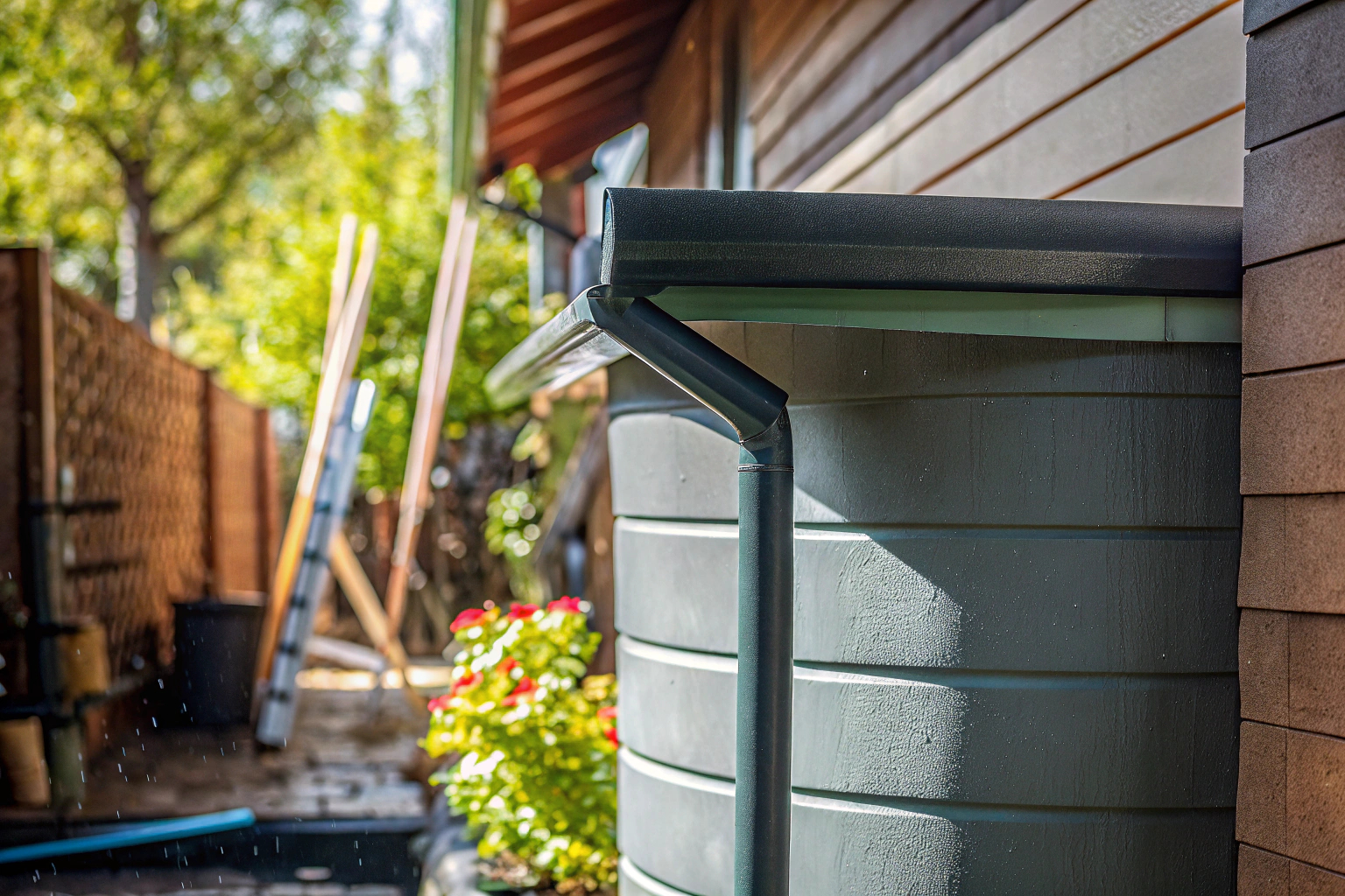 Ein Regenwassertank im Garten, der an eine Dachrinne angeschlossen ist. Regenwassertank im Garten
