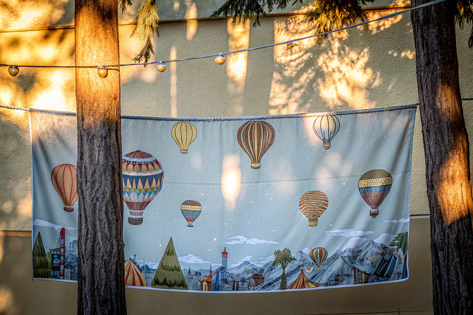 Ein Reise-Motto-Banner mit hängenden Heißluftballons und Kompassen. Reise-Motto-Dekoration