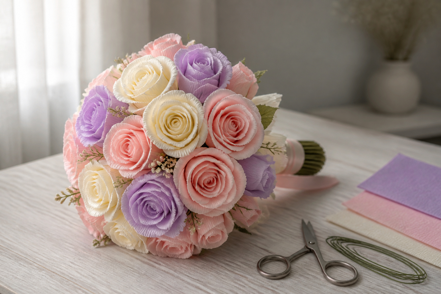 Romantischer Brautstrauß aus selbst gemachten Papierblumen