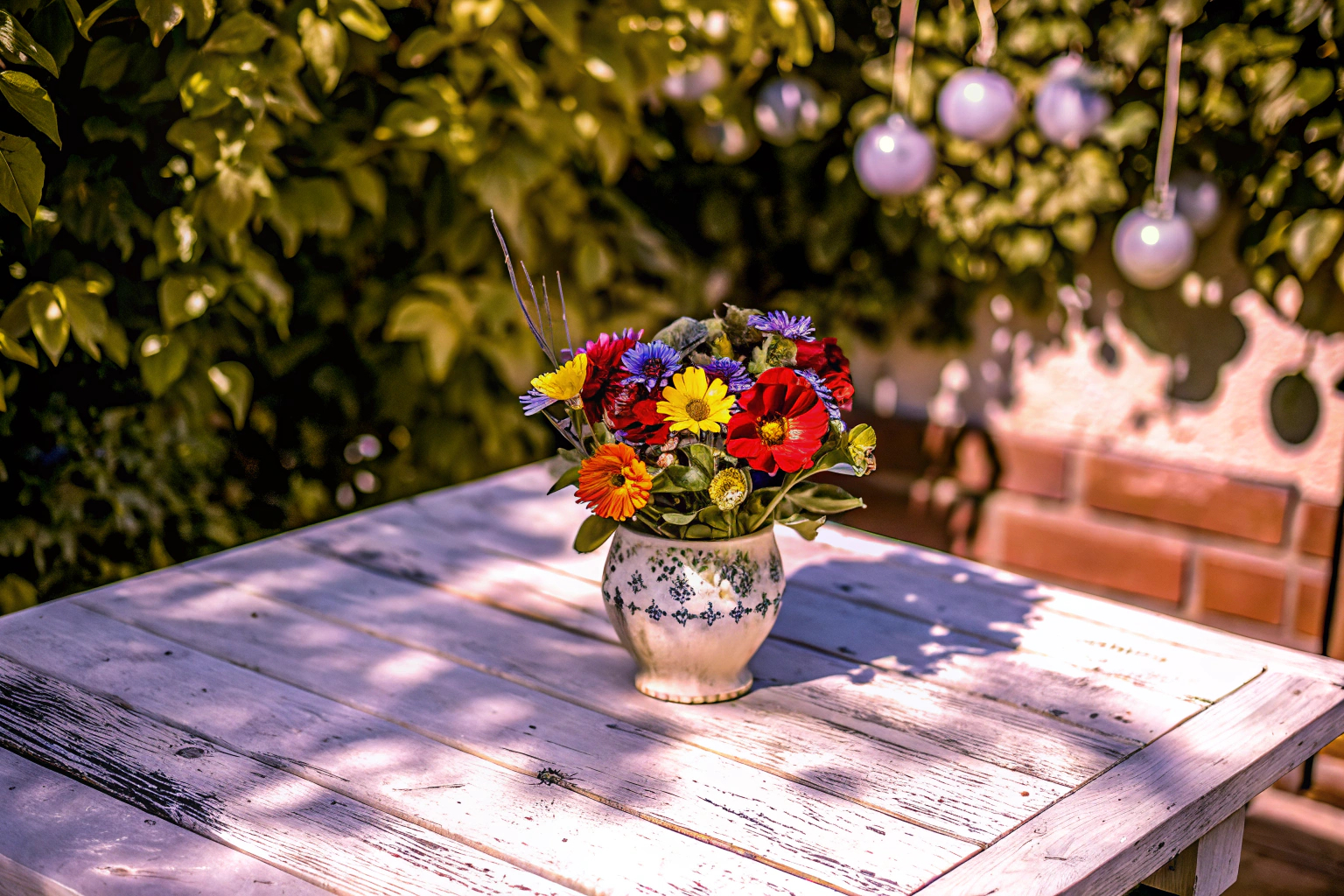 Vintage Blumenvase auf Gartentisch