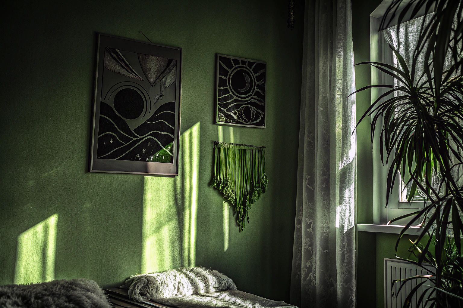 Ein Schlafzimmer mit subtilen Boho-Wandbildern in Salbei-Grün, die eine entspannende Atmosphäre schaffen. Boho-Wandbilder im Schlafzimmer