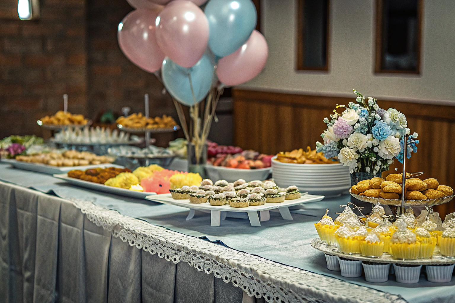 Ein schön dekoriertes Buffet mit Cupcakes, Fingerfood und thematisch passenden Toppers für eine Babyparty. Buffet mit Babyparty Snacks