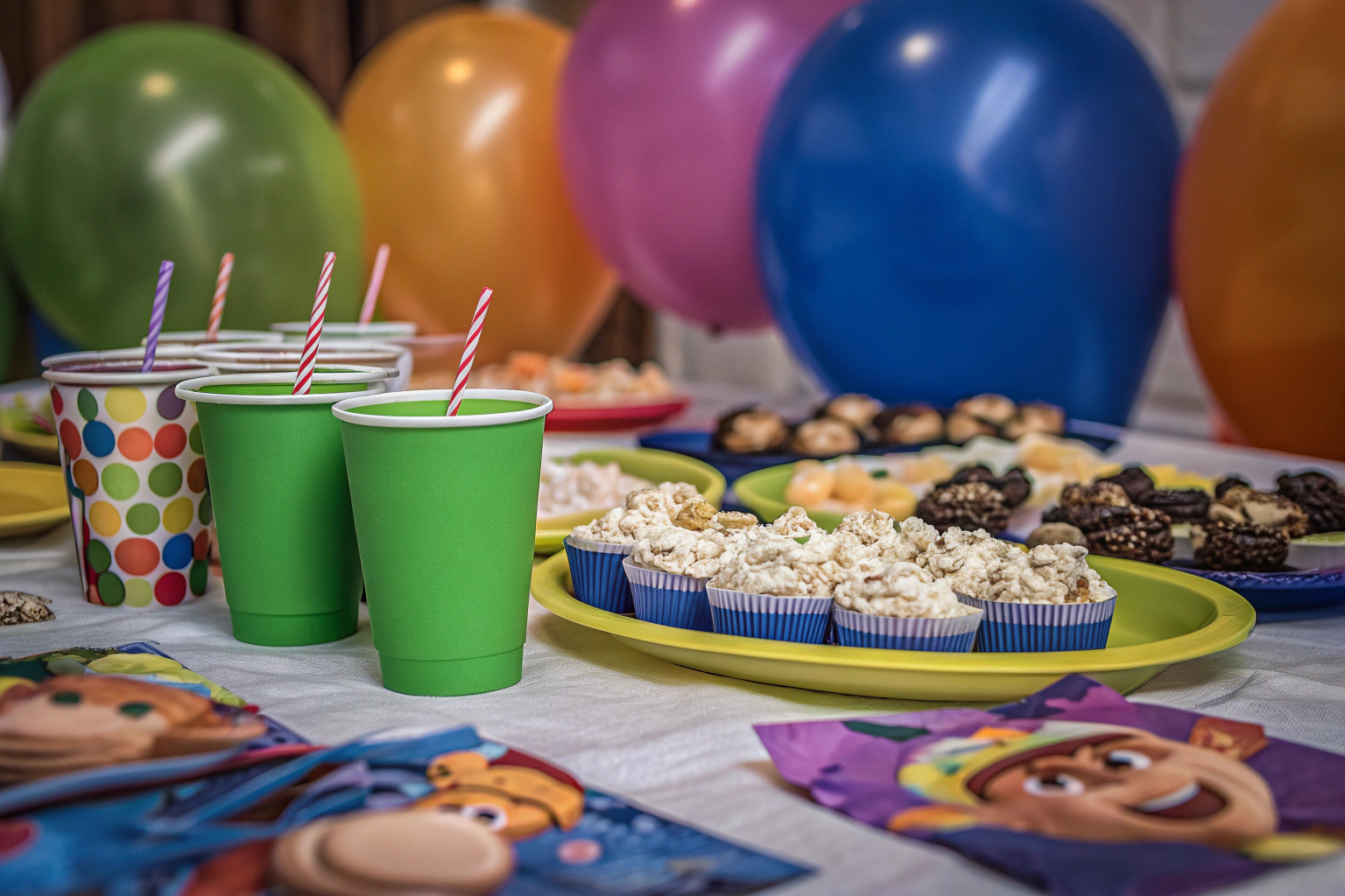 Ein schön gedeckter Tisch mit buntem Partygeschirr und Snacks für eine Kinderparty. Kinderparty Tischdeko