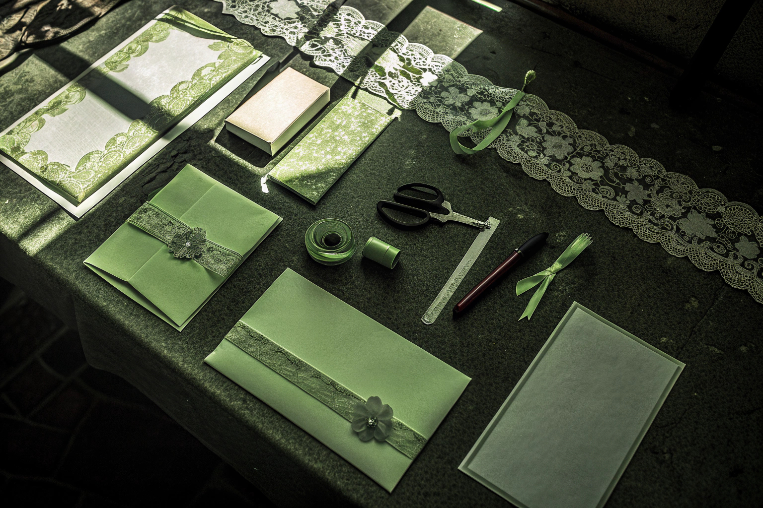 Ein schön gedeckter Tisch mit verschiedenen Materialien und Werkzeugen zum Gestalten von Hochzeitskarten. Materialien für die Gestaltung von Hochzeitskarten