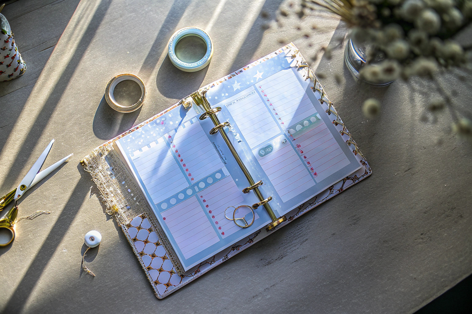 Ein schön gestalteter Hochzeitsplaner mit Checklisten und bunten Stickern, ideal für die DIY-Hochzeitsplanung. Hochzeitsplaner mit Checklisten