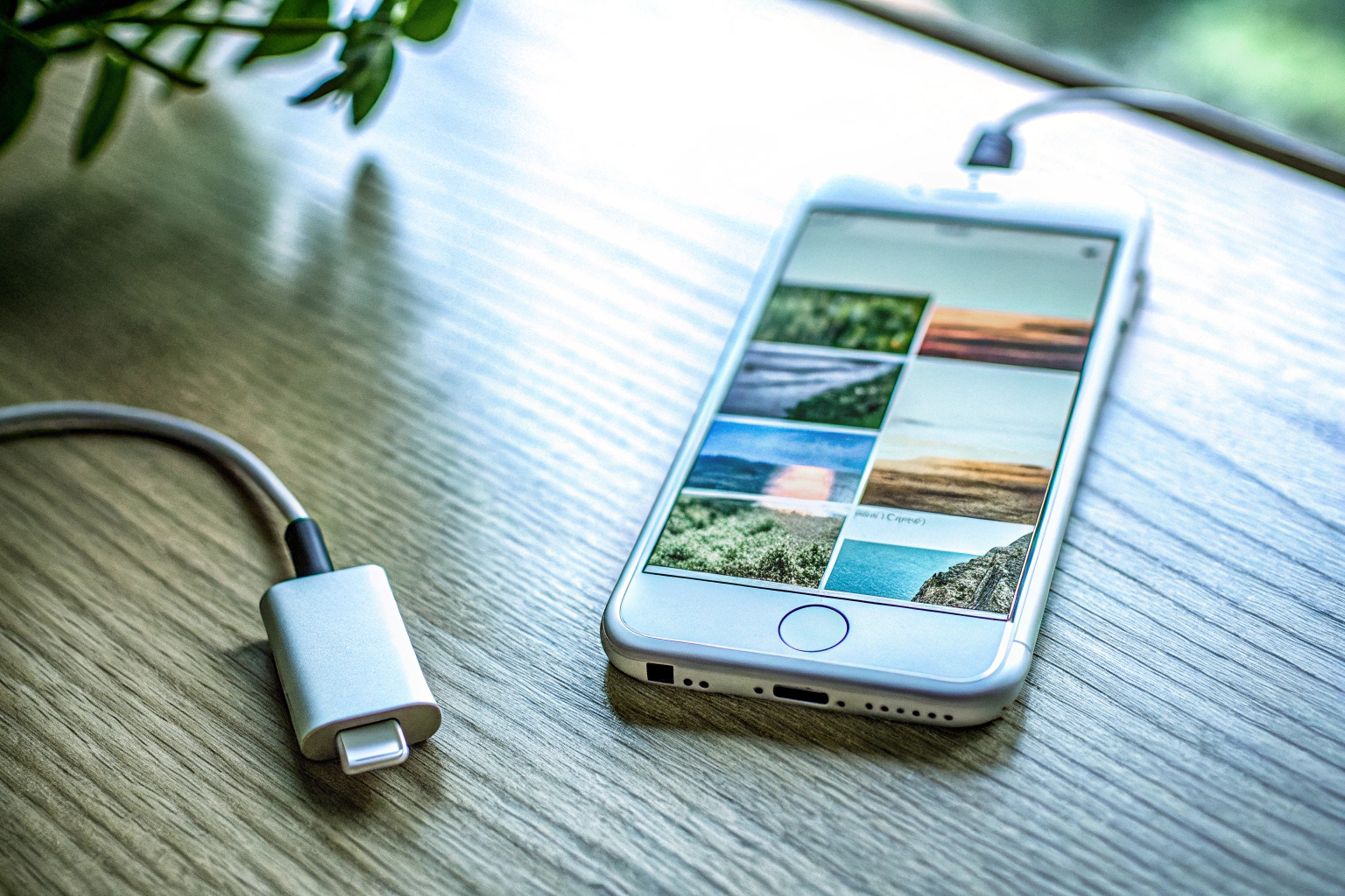 Ein SD-Kartenleser, der an ein iPhone angeschlossen ist, um Fotos zu übertragen. SD-Kartenleser für iPhone