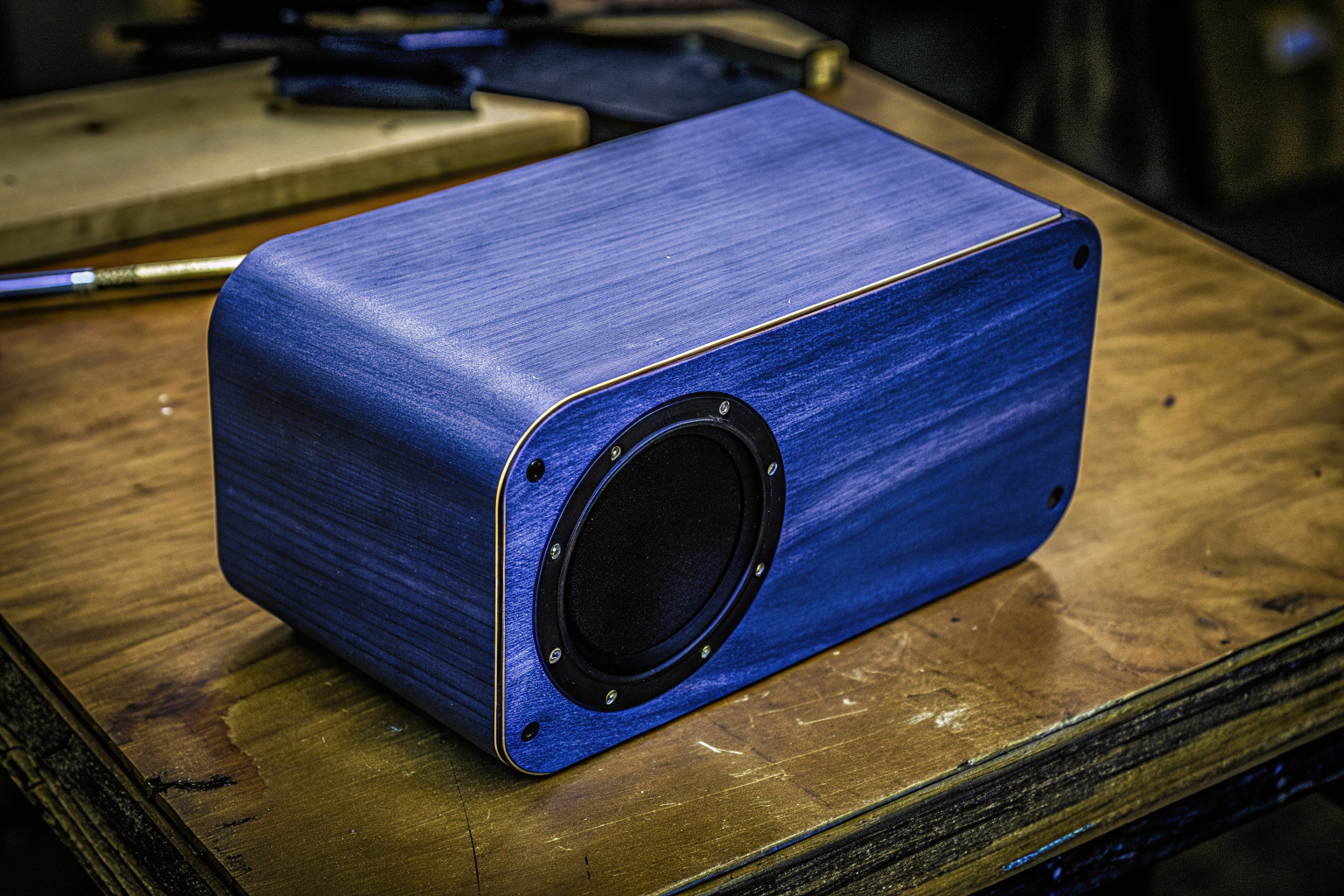 Ein selbstgebauter Bluetooth-Lautsprecher in einem stilvollen Holzdesign. Selbstgebauter Bluetooth-Lautsprecher