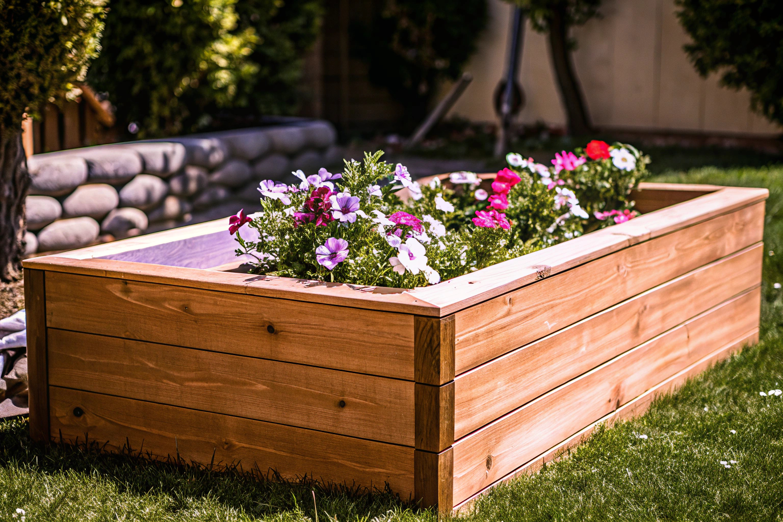 Ein selbstgebautes Hochbeet im Garten mit blühenden Pflanzen. DIY Hochbeet im Garten