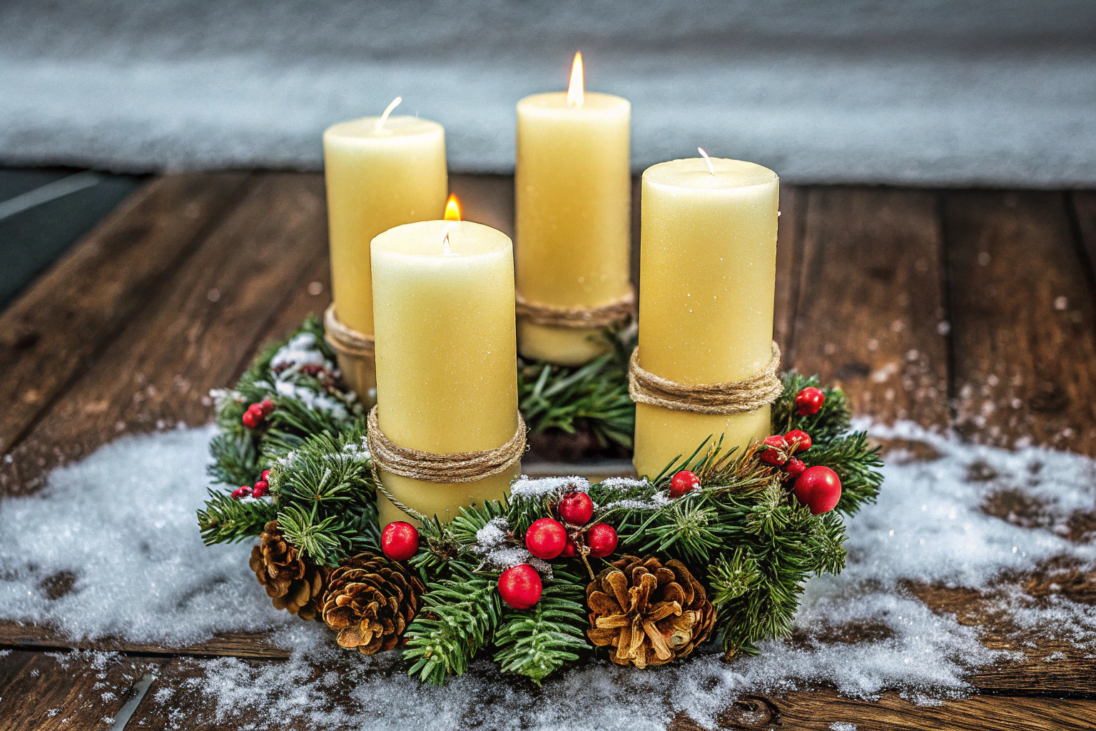 Ein selbstgemachter Adventskranz aus natürlichen Materialien mit Kerzen. Adventskranz aus Naturmaterialien
