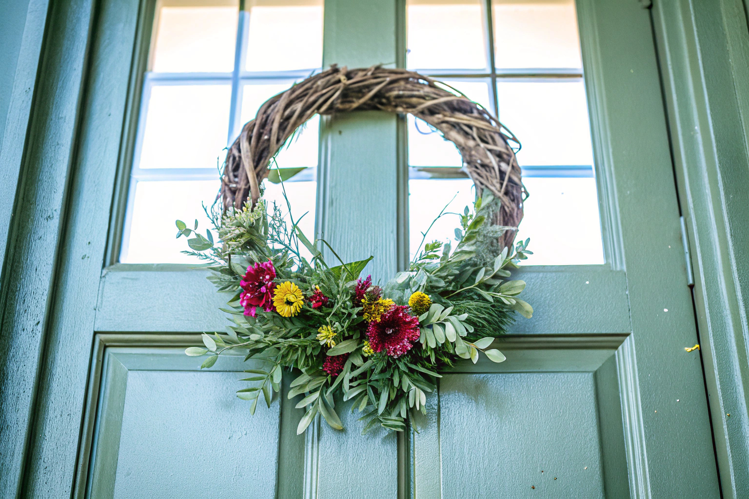 Ein selbstgemachter Kranz aus Zweigen und Blumen, perfekt für die Dekoration von Türen oder Wänden. DIY-Kranz aus Naturmaterialien