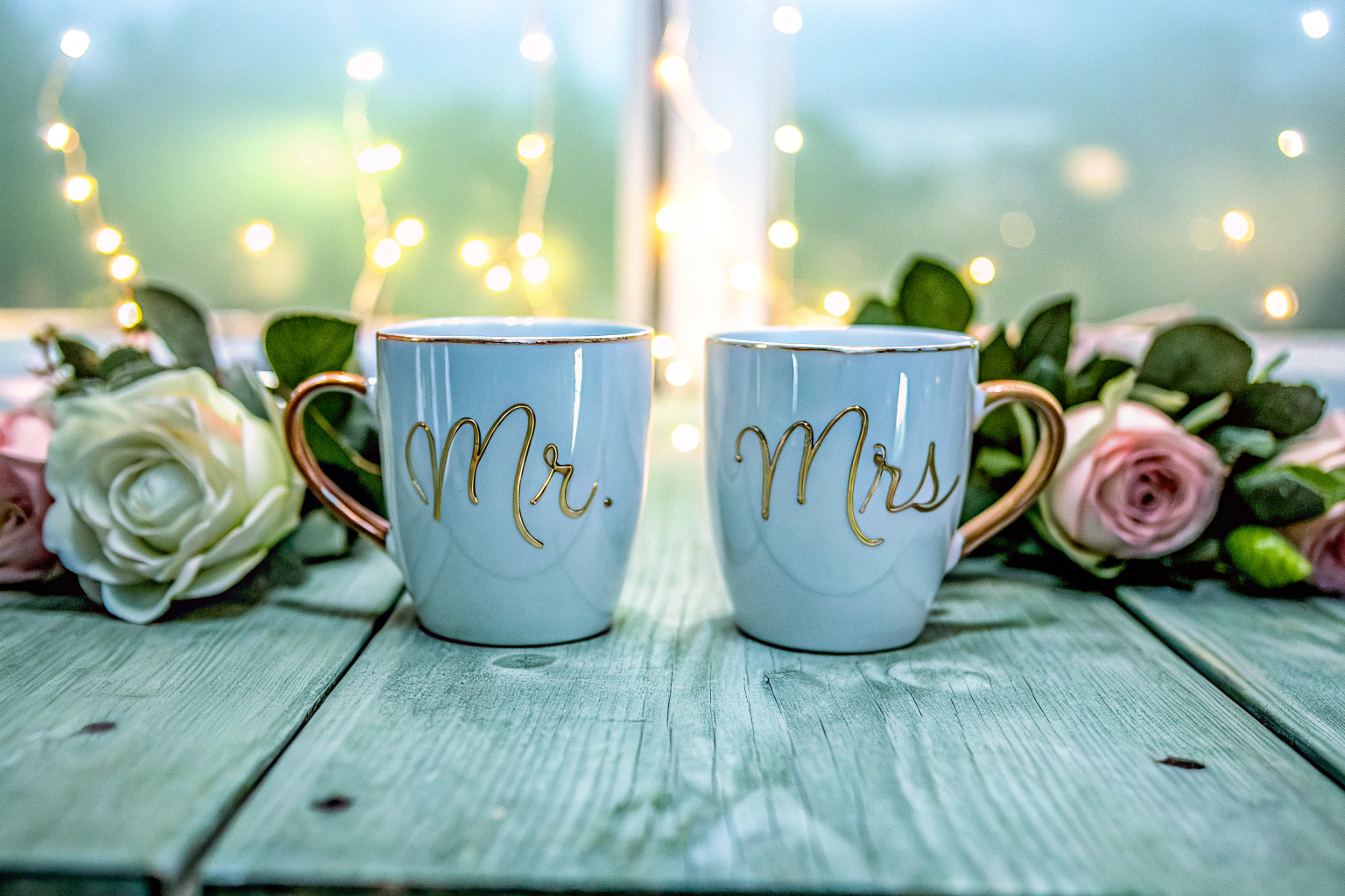 Ein Set aus Mr und Mrs Tassen, elegant auf einem Tisch arrangiert. Mr und Mrs Tassen Set