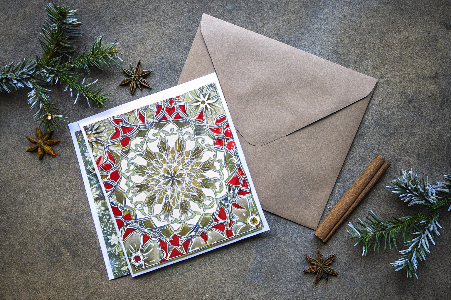 Ein Set aus stilvollen Weihnachtskarten mit recycelten Umschlägen. Stilvolle Weihnachtskarten mit recycelten Umschlägen