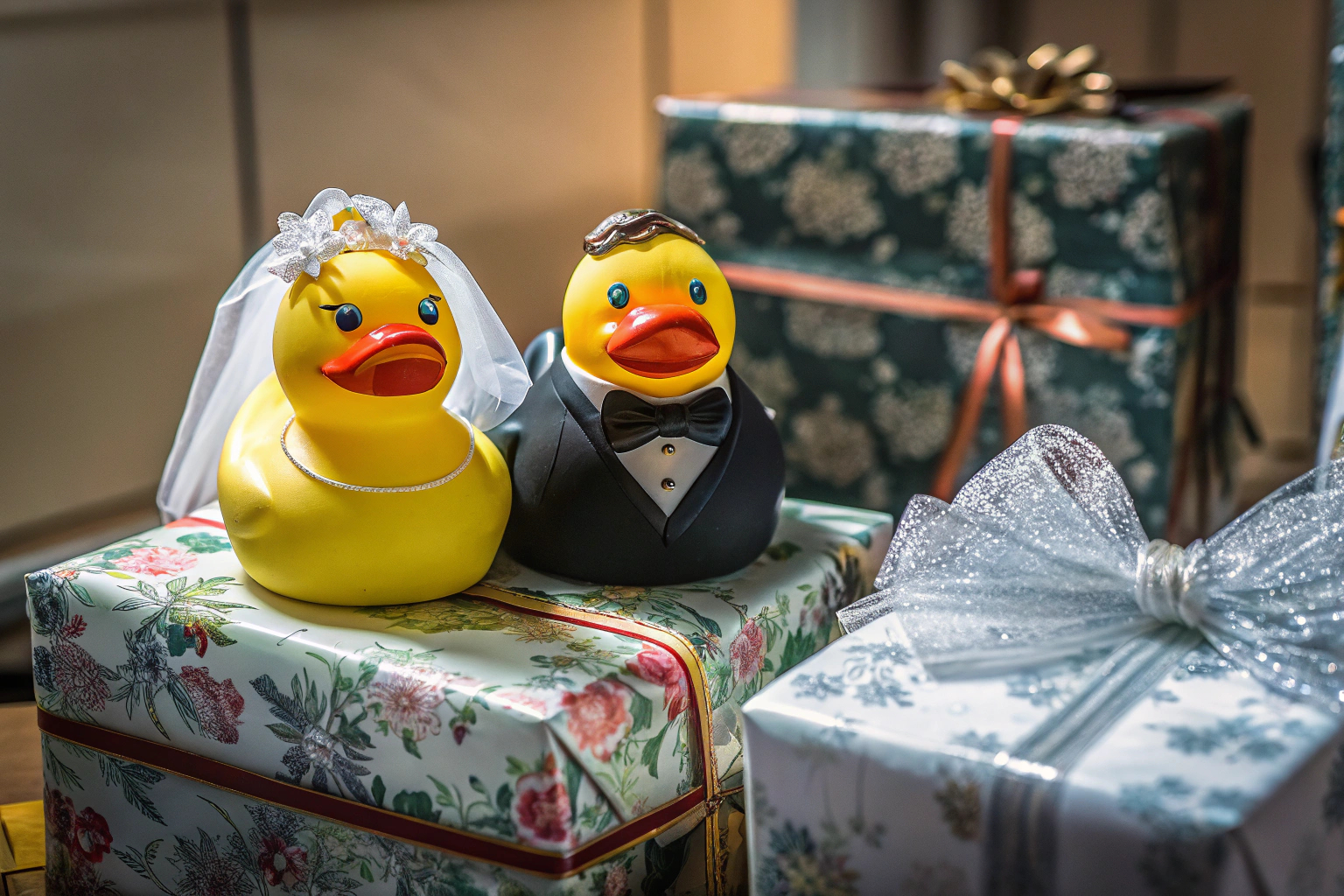Ein Set von lustigen Badeenten im Braut- und Bräutigam-Look, auf einem Hochzeitsgeschenktisch arrangiert. Lustige Hochzeitsgeschenke Badeenten
