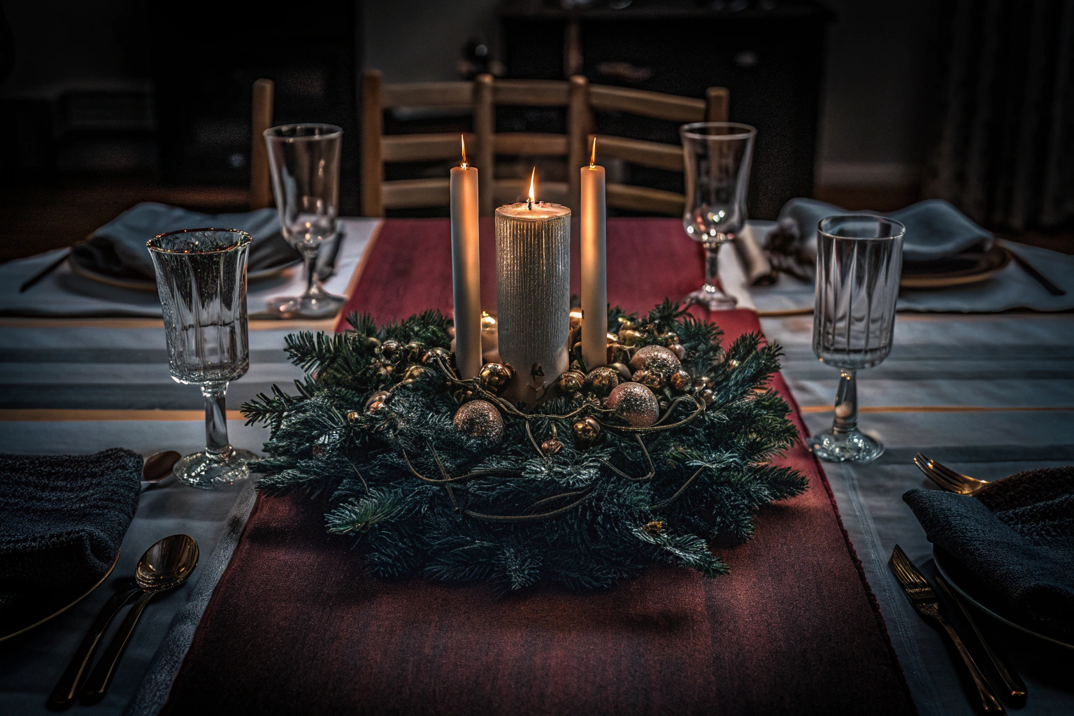 Ein stilvoll gedeckter Tisch mit einem Advent Kerzenhalter im Mittelpunkt. Stilvolle Tischdekoration mit Advent Kerzenhalter