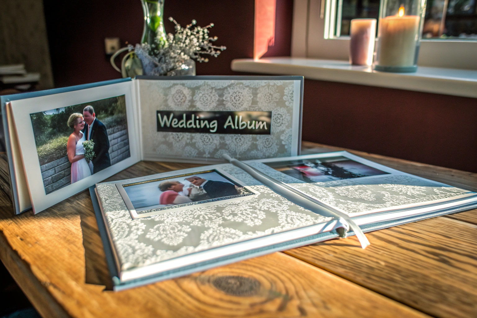 Ein stilvolles Hochzeitsalbum mit dekorativen Elementen, perfekt für die Aufbewahrung von Erinnerungen. Stilvolles Hochzeitsalbum