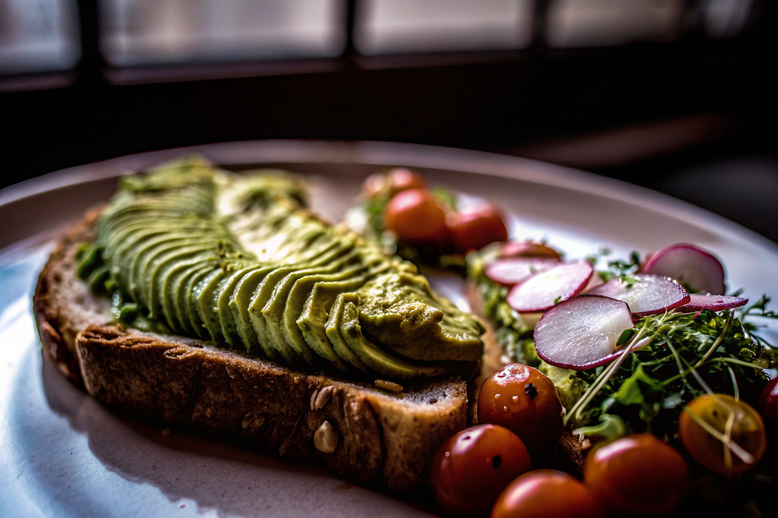 Ein Teller mit Avocado-Toast und frischem Gemüse. Avocado-Toast