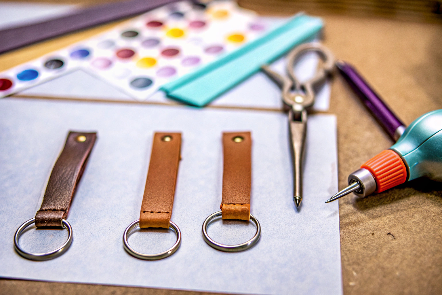 Ein Tisch mit allen notwendigen Materialien für die Herstellung eines personalisierten Schlüsselanhängers, einschließlich Gravurwerkzeug und Schere. Materialien für personalisierte Geschenke