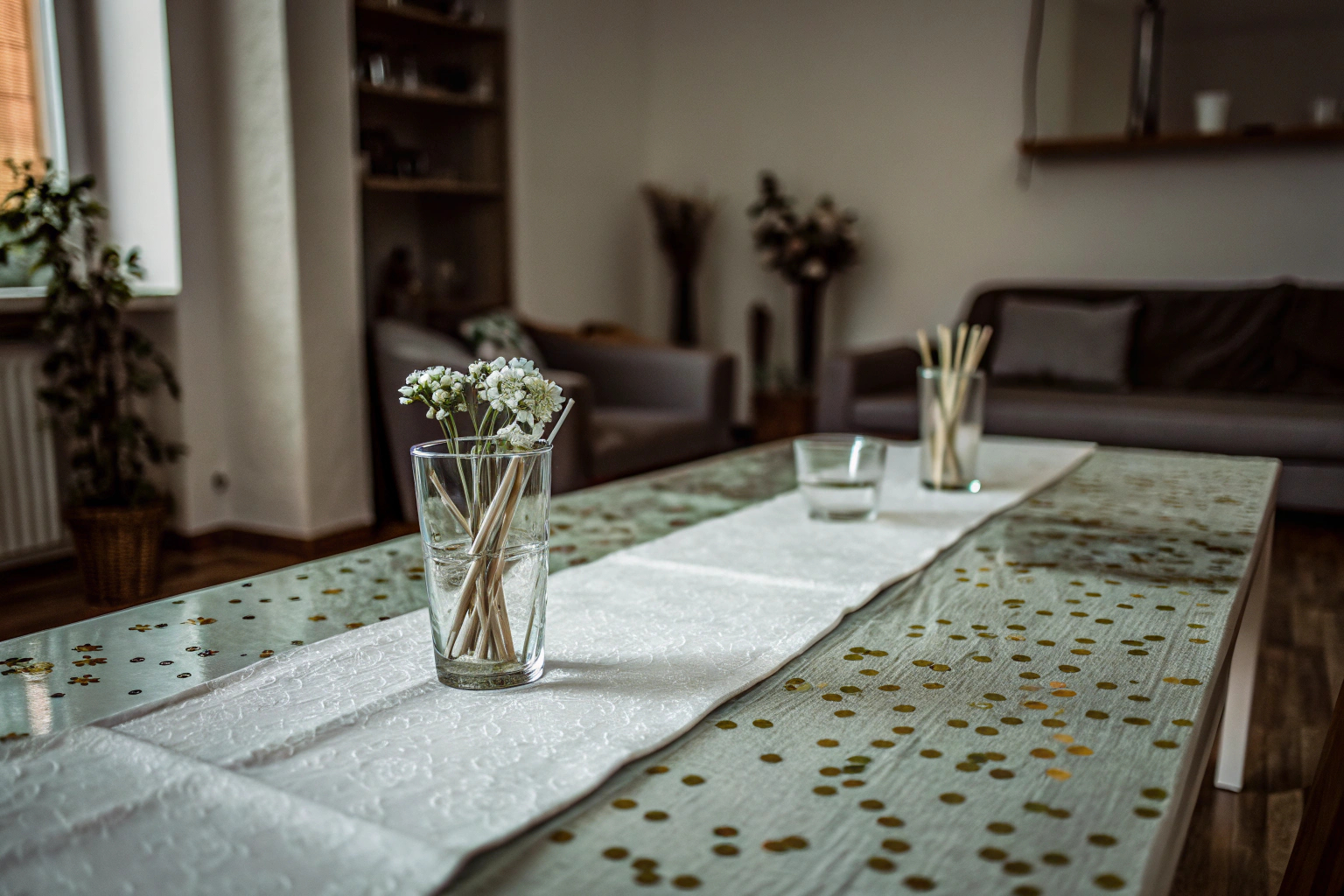 Ein Tisch mit Babyshower Konfetti und Dekorationen in Regenbogenfarben. Babyshower Konfetti Dekoration