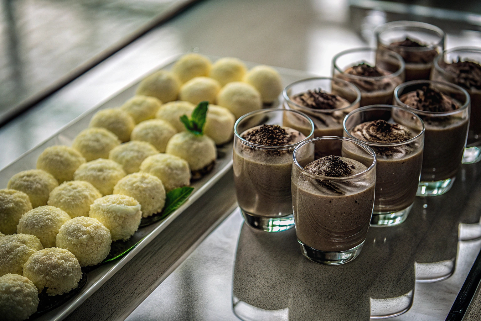 Ein Tisch mit einer Auswahl an veganen Desserts, darunter Schokoladenmousse und Zitronen-Kokos-Bällchen. Vegane Desserts auf einem Hochzeitstisch