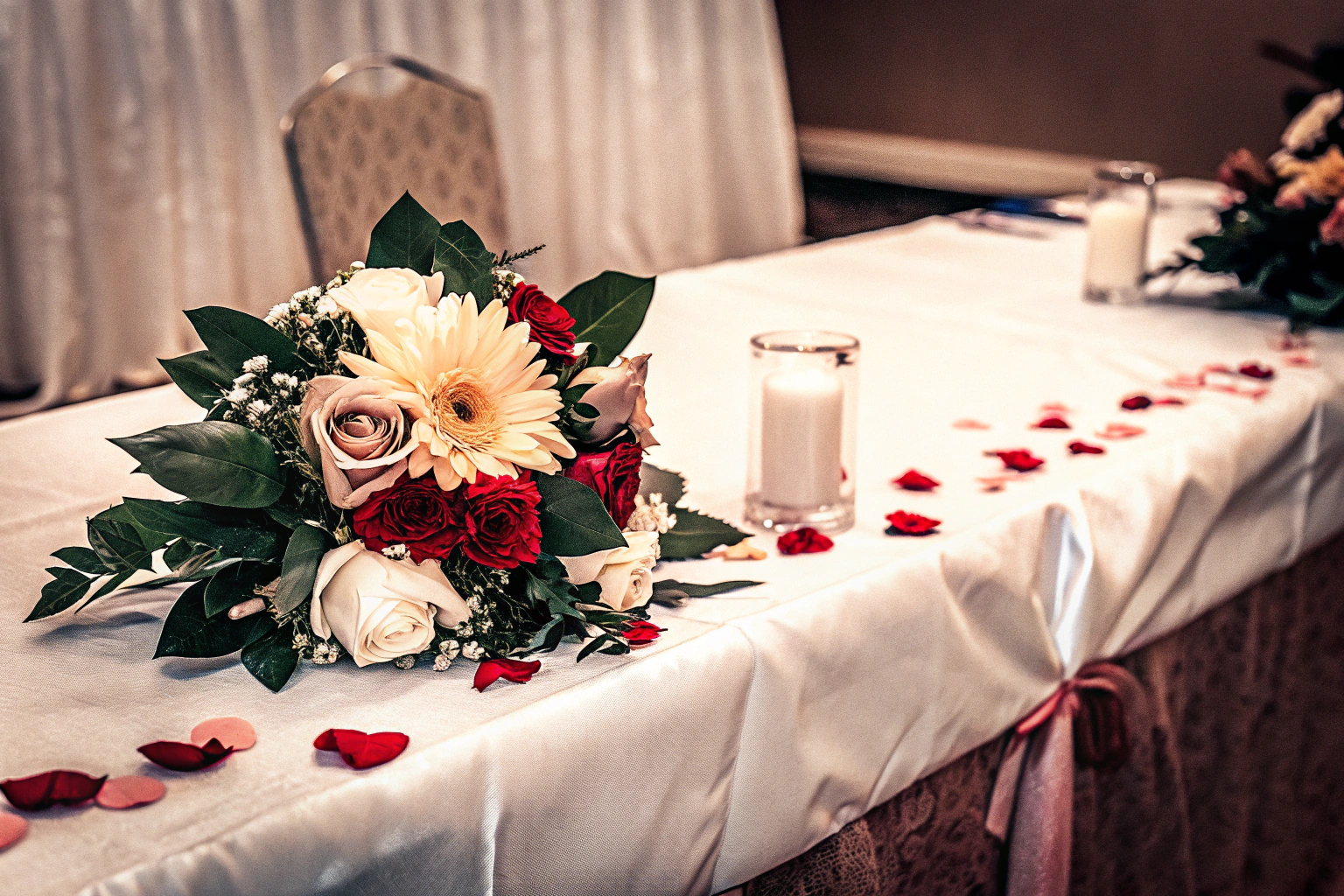 Ein Tisch mit floraler Hochzeitsdekoration, kombiniert aus frischen und künstlichen Blumen. Tischdekoration Hochzeit