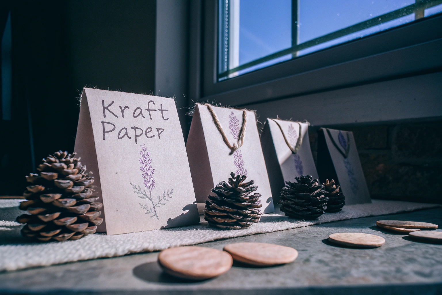 Ein Tisch mit liebevoll gestalteten Tischkarten aus Kraftpapier und natürlichen Dekoelementen. Nachhaltige Tischkarten aus Kraftpapier